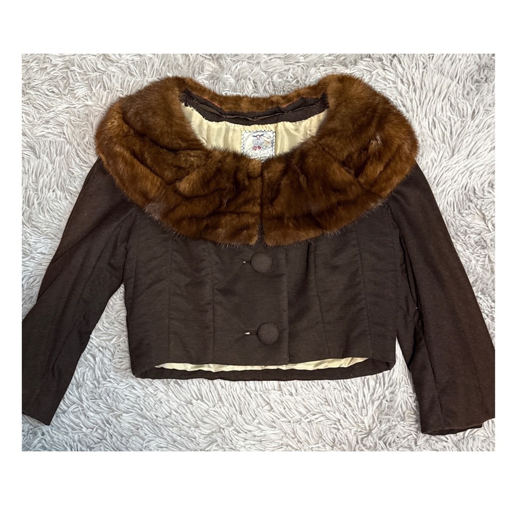 Vintage Ruth McCulloch Brown Wool Cropped Cocktail Jacket Real Mink Fur Collar - Picture 2 of 13